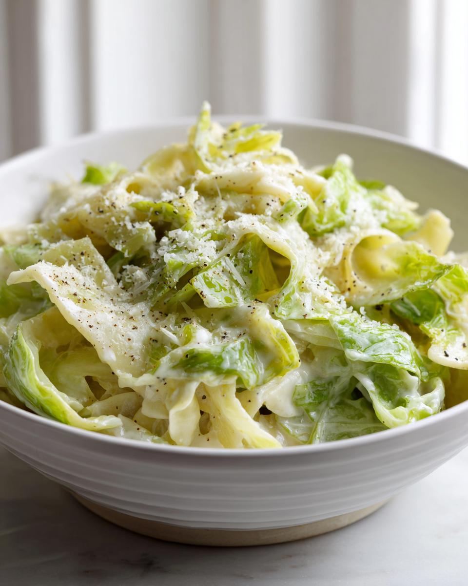 Close-up of a bowl of Cabbage alfredo pasta tossed in a creamy white sauce, topped with grated cheese and black pepper.