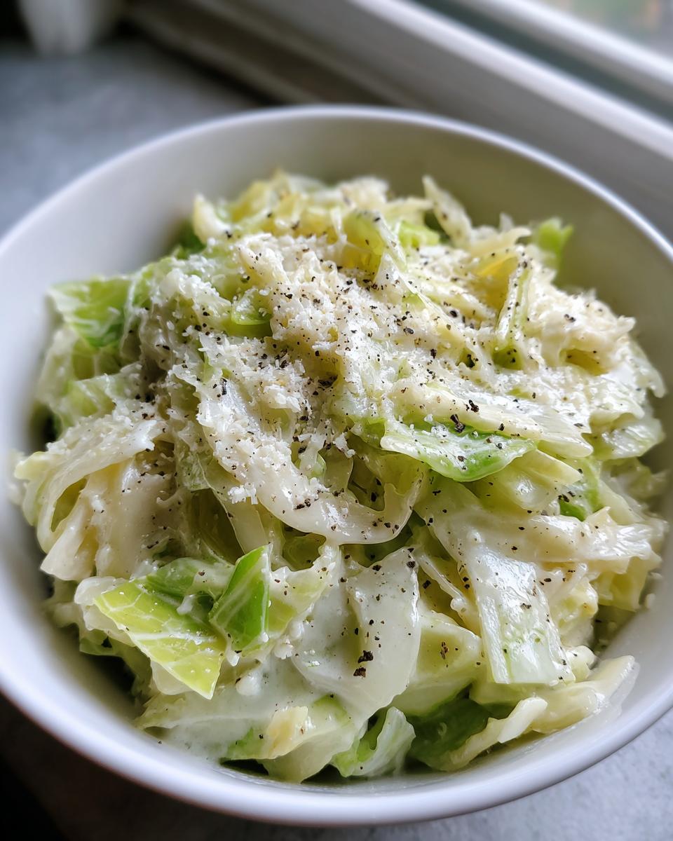 Close-up of a bowl of Cabbage alfredo, tossed in a creamy sauce and topped with grated cheese and black pepper.
