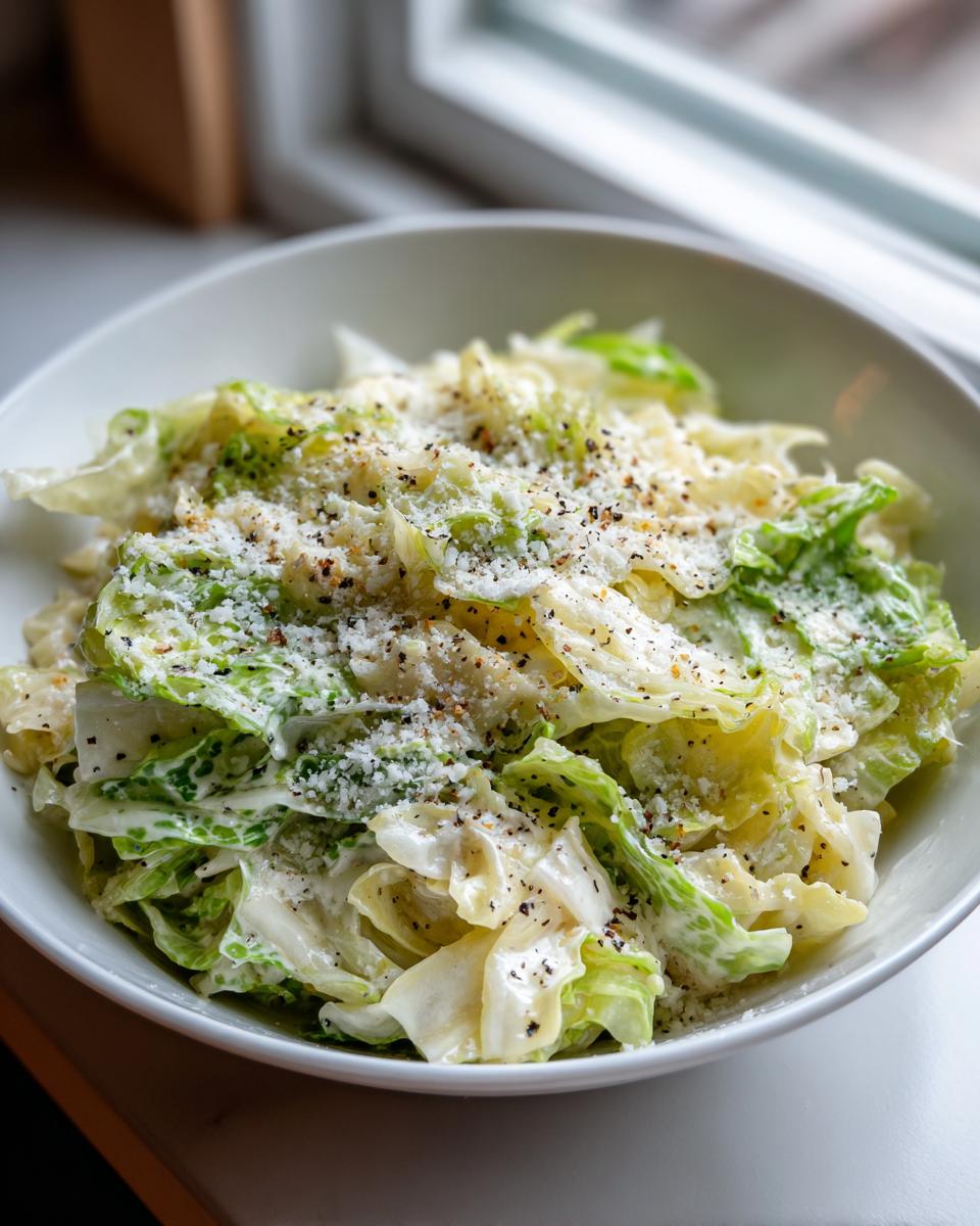 Close-up of a white bowl filled with Cabbage alfredo, coated in creamy sauce and topped with grated Parmesan cheese and black pepper.