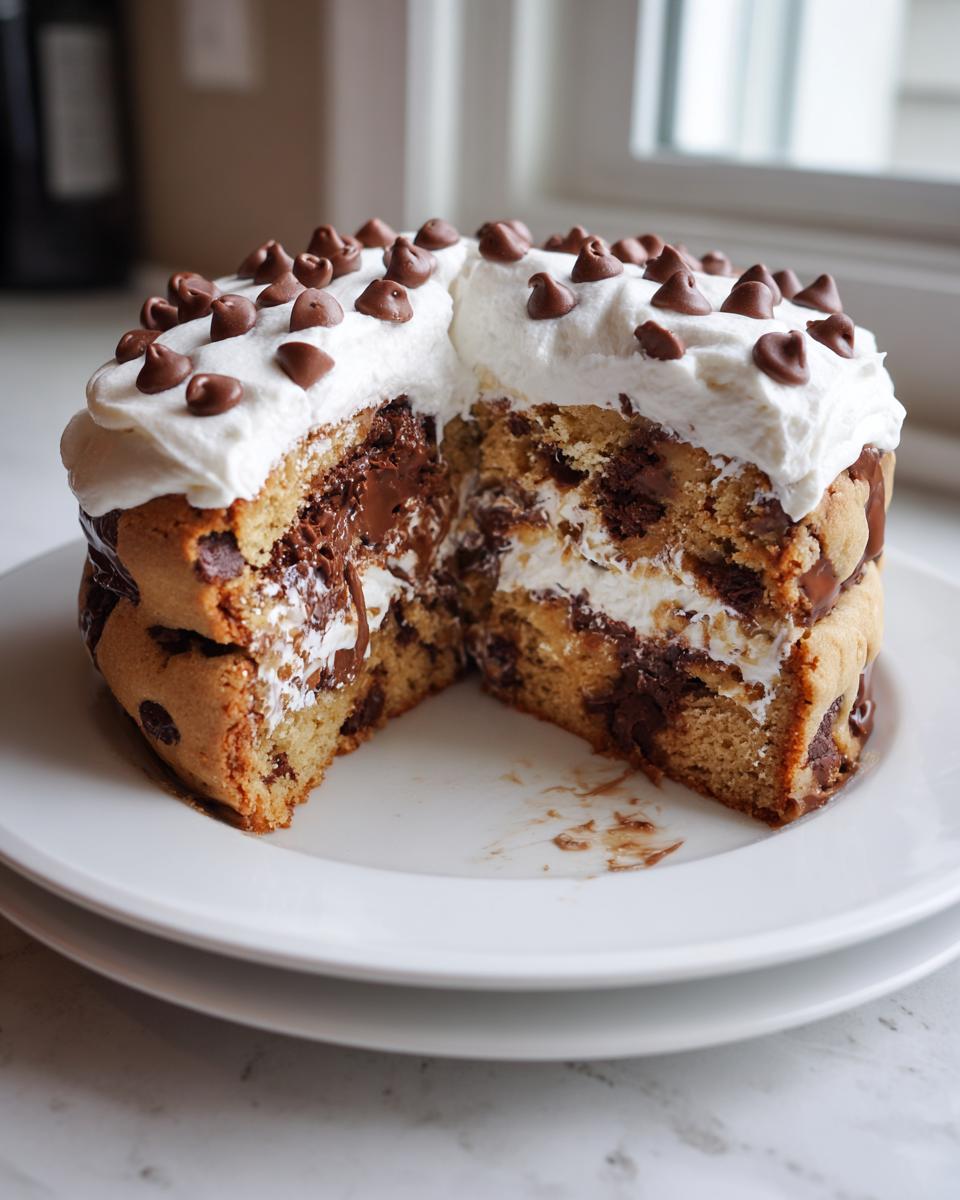 A cross-section view of a decadent Chocolate chip cookie cake layered with cream and melted chocolate, topped with whipped cream and chips.
