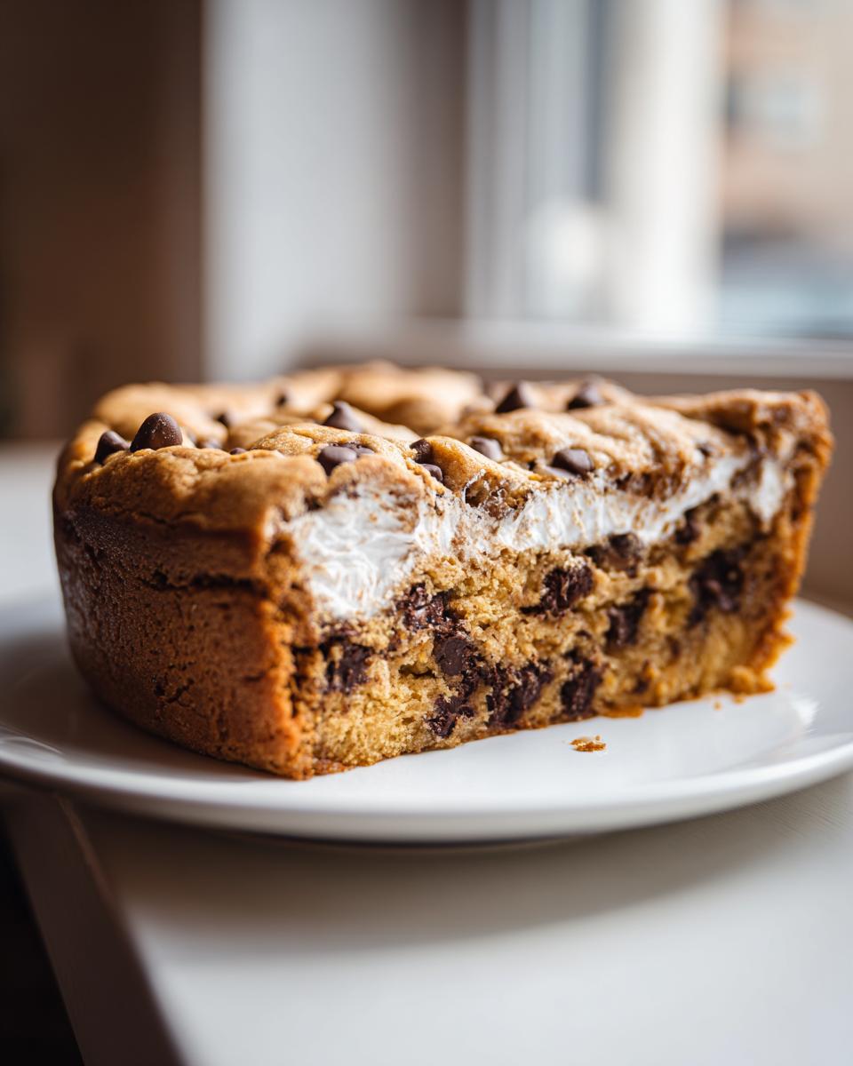 A thick slice of chocolate chip cookie cake featuring a gooey marshmallow layer, served on a white plate.