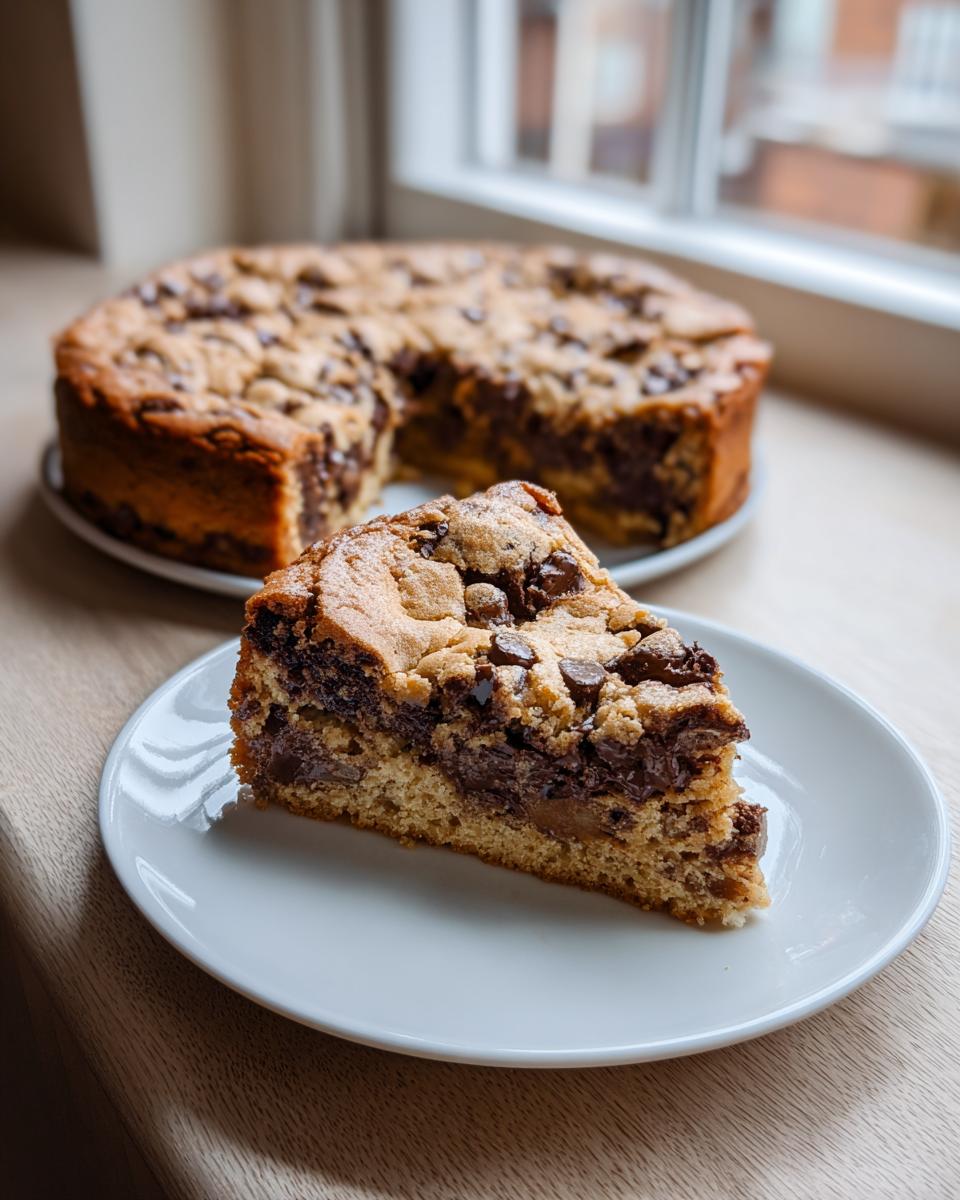 A generous slice of Chocolate chip cookie cake on a white plate, with the rest of the cake blurred in the background.