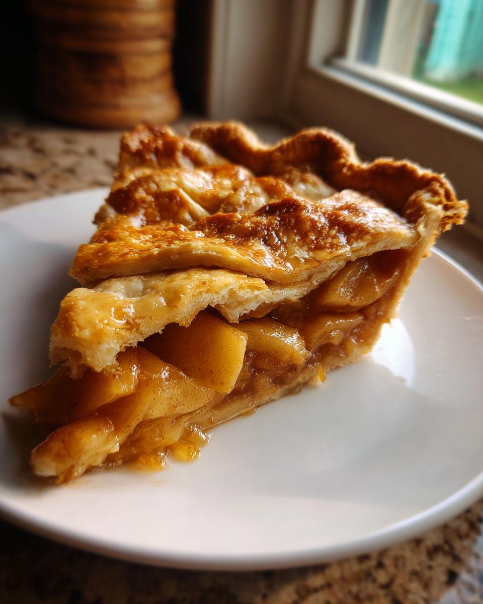 A close-up slice of Classic apple pie showing flaky, golden crust and thick, spiced apple filling.