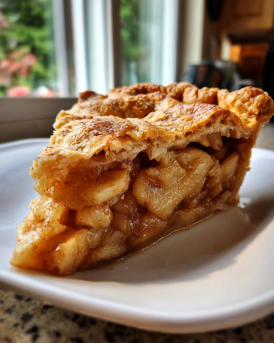Close-up of a slice of Classic apple pie showing thick, caramelized apple filling and a golden, flaky top crust.