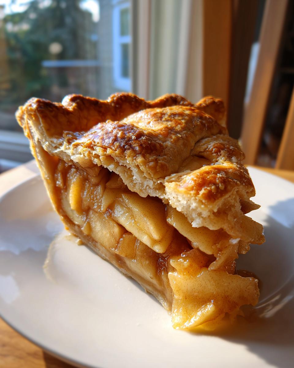 Close-up of a thick slice of Classic apple pie showing layered, caramelized apple filling and a golden, flaky top crust.