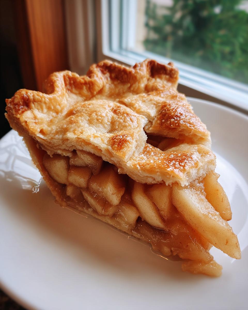 A close-up of a generous slice of classic apple pie showing thick apple filling and a golden, flaky crust.