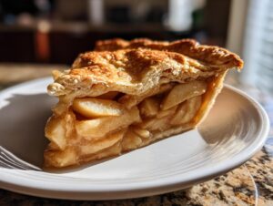 A close-up, sunlit slice of Classic apple pie showing thick apple filling and a golden, flaky top crust.