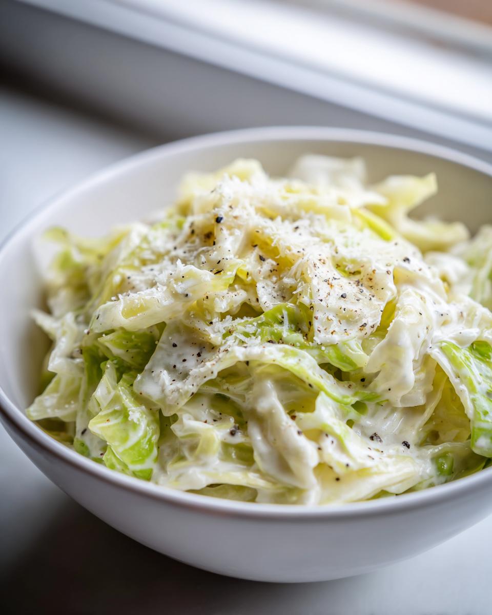 Close-up of a white bowl filled with creamy Cabbage alfredo, topped with grated cheese and black pepper.