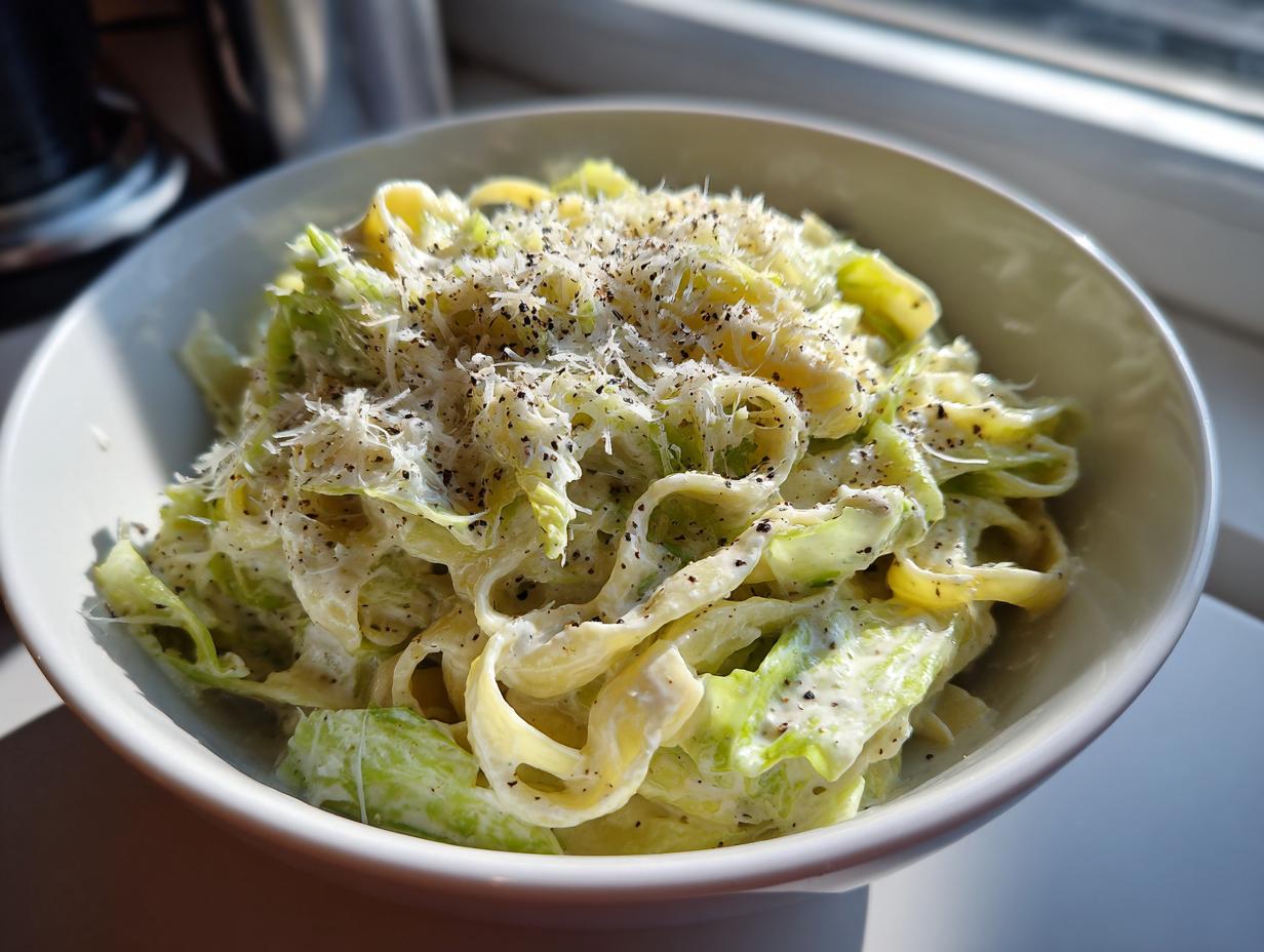 A close-up of a white bowl filled with creamy Cabbage alfredo pasta, topped with grated cheese and black pepper.