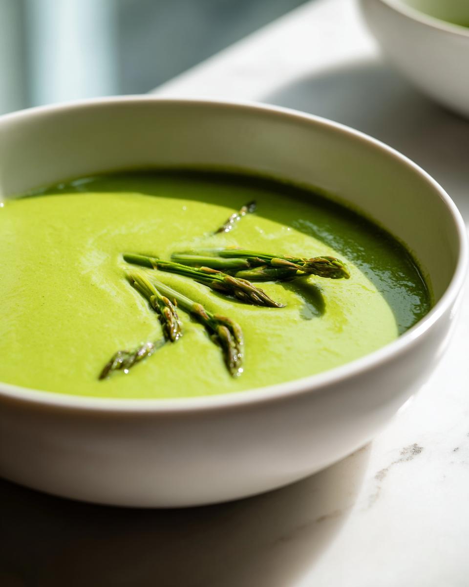 Close-up of a vibrant green bowl of creamy Spring asparagus soup garnished with whole asparagus tips.