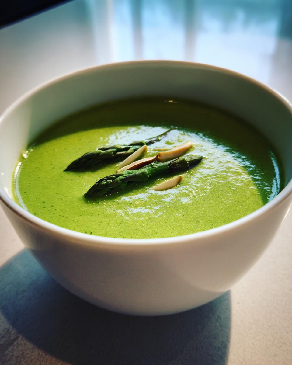 Close-up of a vibrant green bowl of creamy Spring asparagus soup, garnished with asparagus tips and slivered almonds.