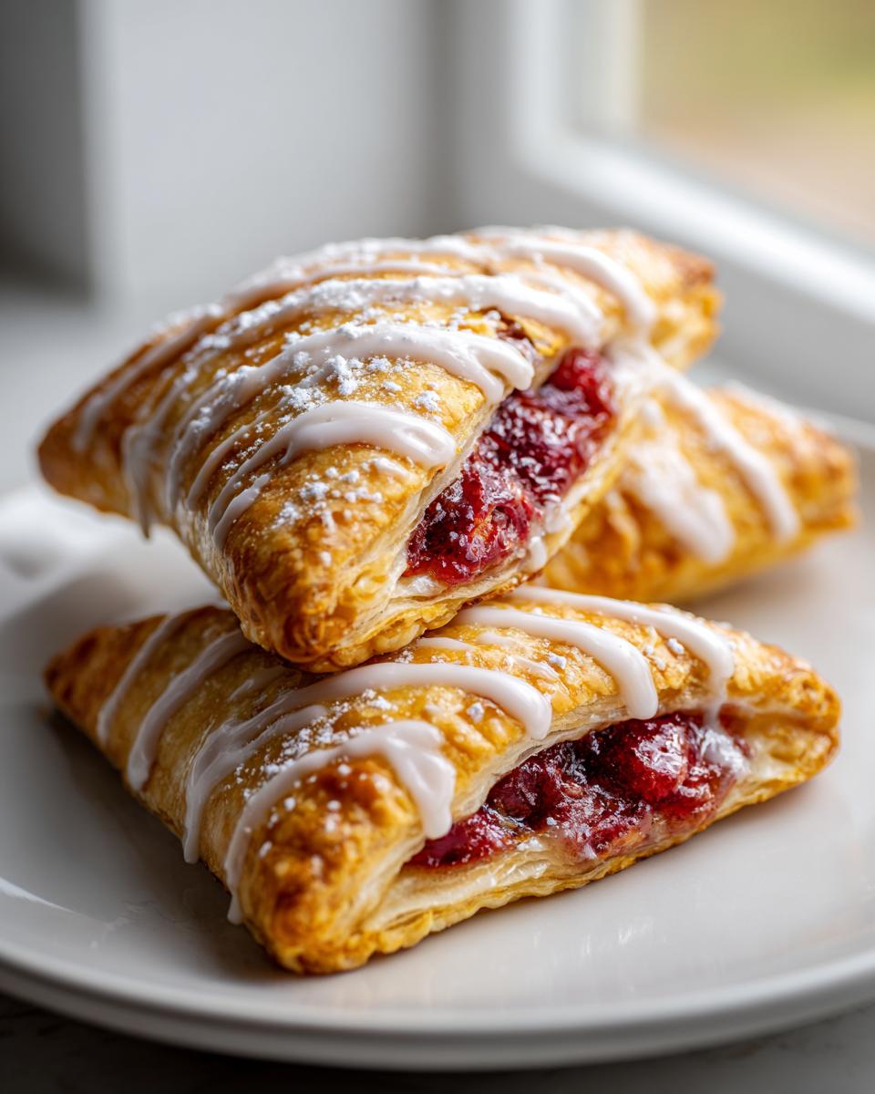 Close-up of two stacked, flaky cherry turnovers drizzled with white icing and dusted with powdered sugar.