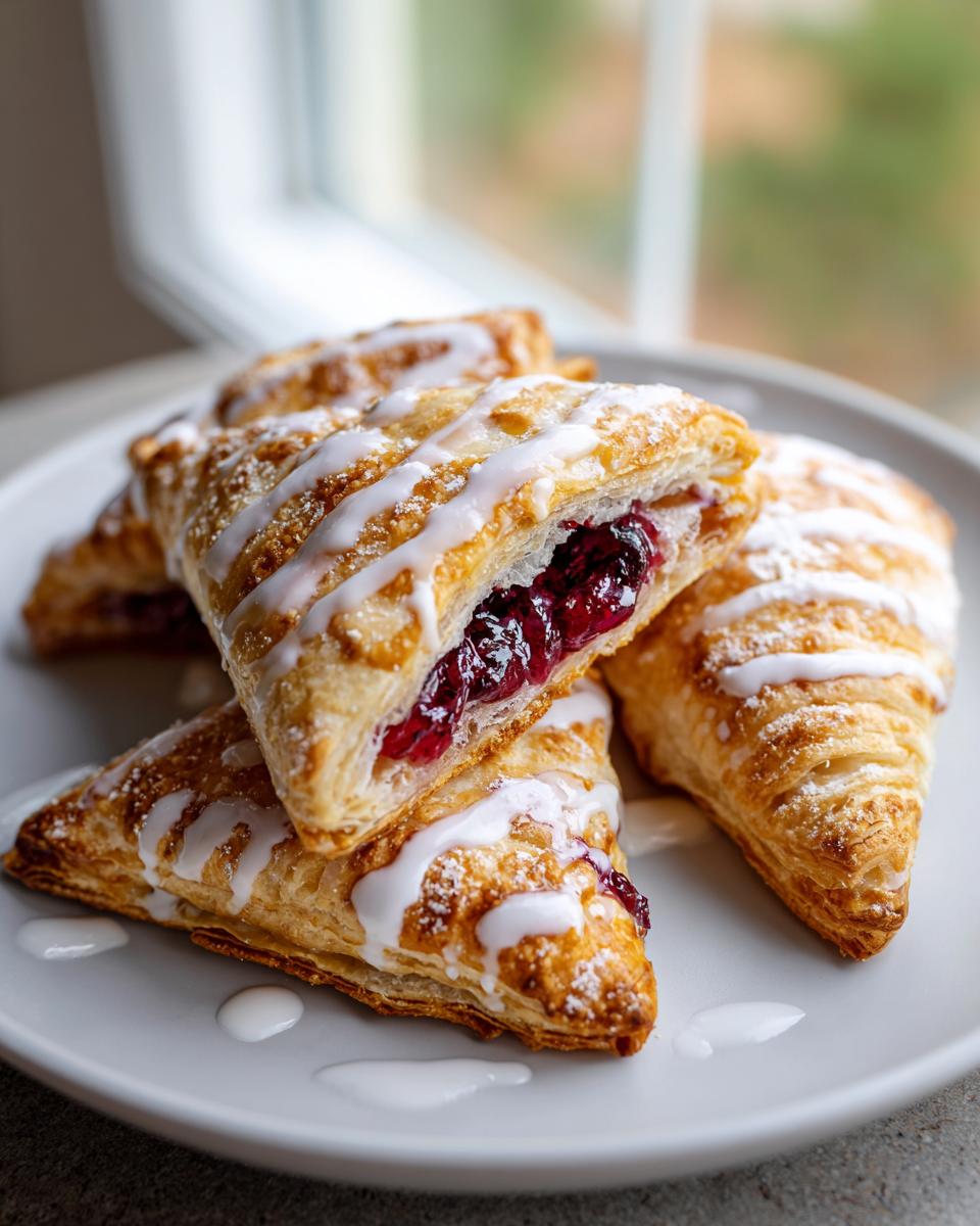 A stack of golden, flaky cherry turnovers drizzled with white icing, one is cut open showing the rich cherry filling.