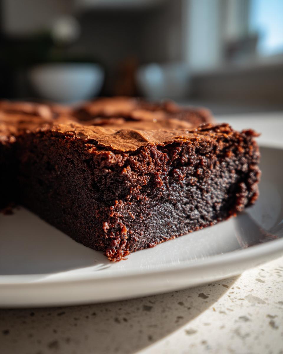 A close-up, dramatically lit shot of a rich, dark slice of fudgy sweet potato brownies on a white plate.