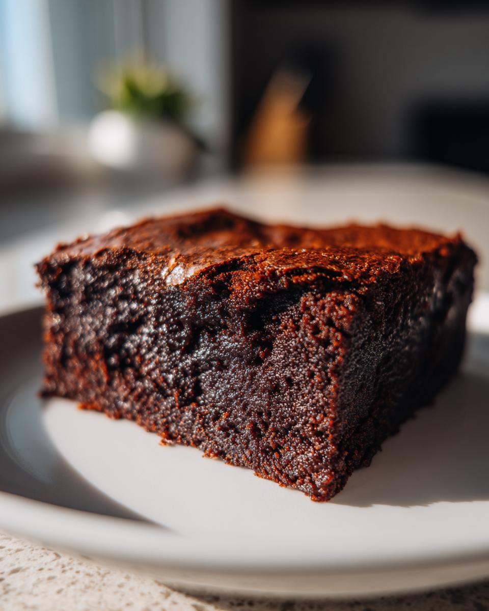 A single, rich, dark square of fudgy sweet potato brownies resting on a white plate.