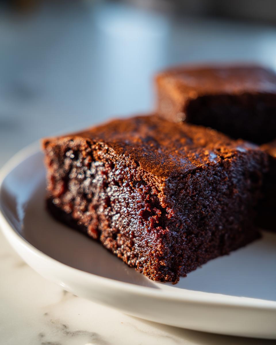 A close-up, rich, dark slice of fudgy sweet potato brownies showing a moist, dense texture.
