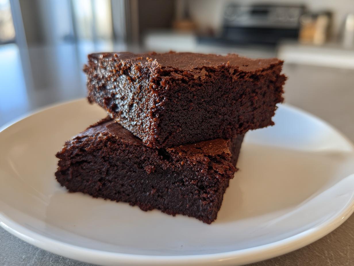 Close-up of two rich, dark, fudgy sweet potato brownies stacked on a white plate.