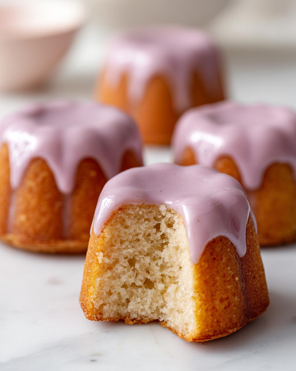 Close-up of a Glazed almond mini cake with a bite taken out, revealing the moist interior and pink almond glaze.