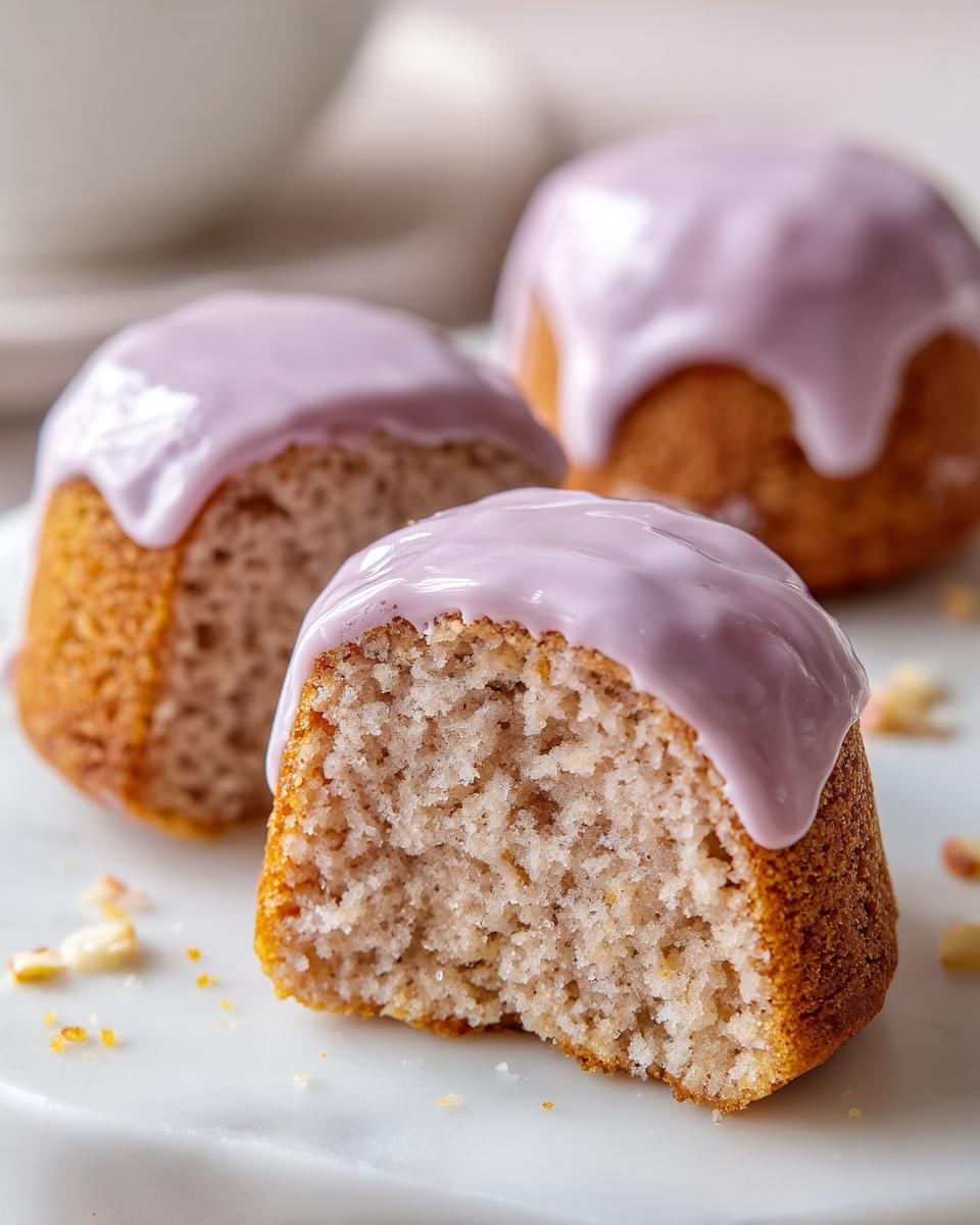 Close-up of three Glazed almond mini cakes, one with a bite taken out showing the moist interior and light purple icing.