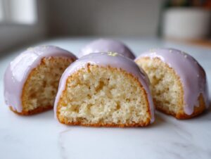 Close-up of Glazed almond mini cakes cut in half showing the moist interior and light purple glaze.
