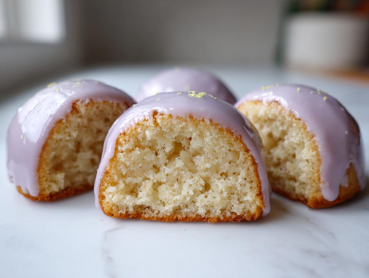 Close-up of Glazed almond mini cakes cut in half showing the moist interior and light purple glaze.