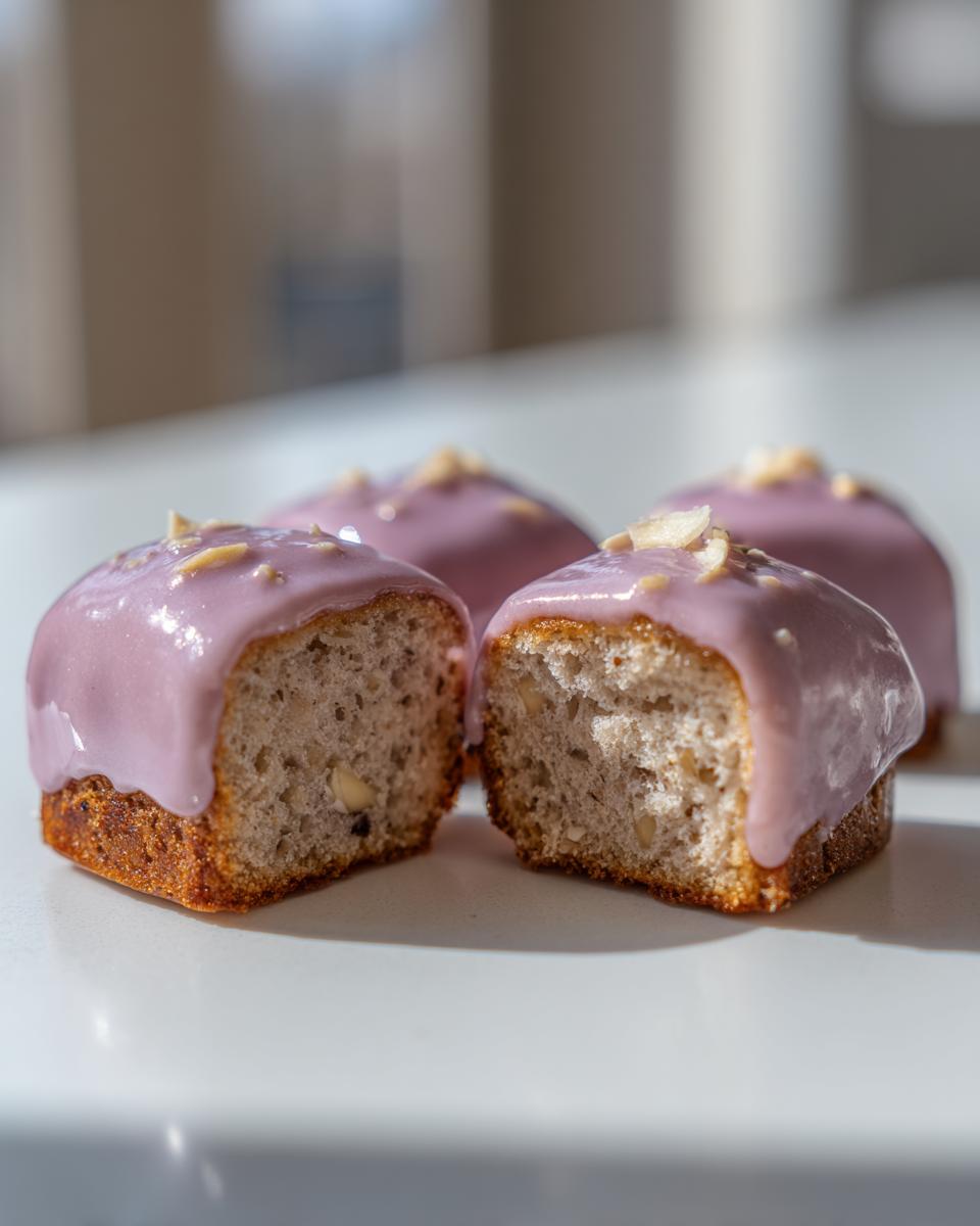 Close-up of Glazed almond mini cakes, one cut in half showing the almond texture inside, topped with purple glaze and slivered almonds.