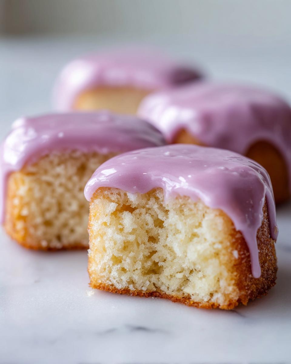 A close-up of a Glazed almond mini cake with a bite taken out, showing the moist interior and purple icing.