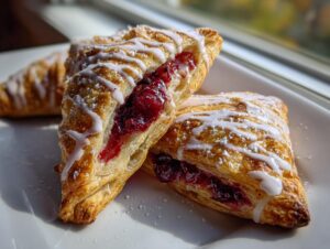 Two flaky, golden brown cherry turnovers drizzled with white icing and dusted with powdered sugar, showing the rich red cherry filling.