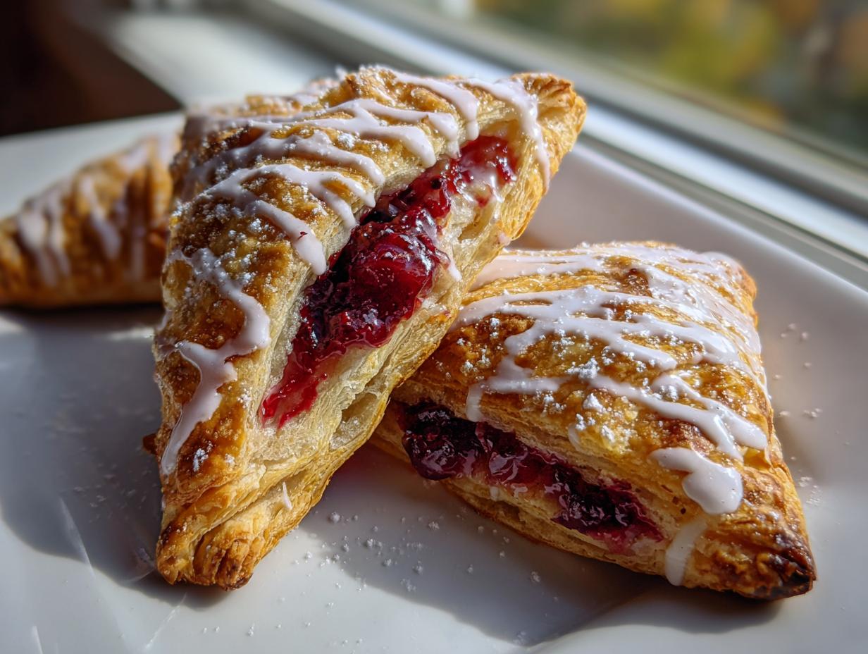 Two flaky, golden brown cherry turnovers drizzled with white icing and dusted with powdered sugar, showing the rich red cherry filling.