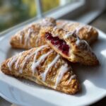 Close-up of flaky, golden-brown cherry turnovers drizzled with white icing, one cut open to reveal the bright red cherry filling.