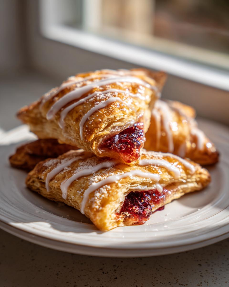 Close-up of flaky, golden brown cherry turnovers drizzled with white icing, showing the rich cherry filling.