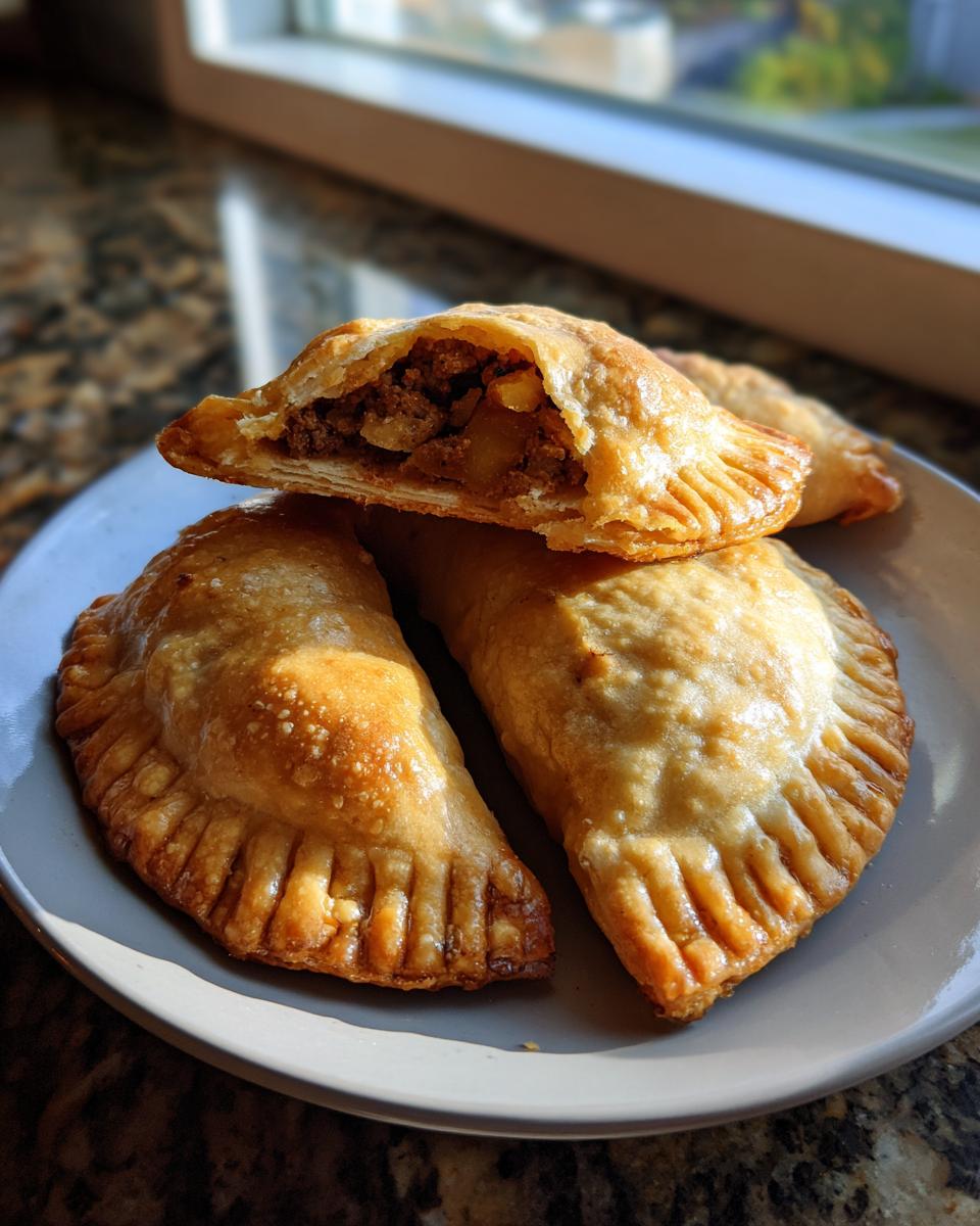 Three golden-brown, flaky Beef and potato empanadas resting on a light gray plate, one cut open to show the filling.