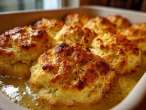 Close-up of golden brown butter swim biscuits soaking in melted butter in a baking dish.