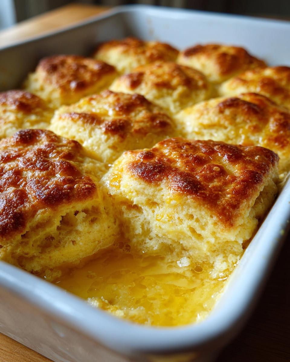 Close-up of golden brown butter swim biscuits baked in a white dish, soaking in melted butter.