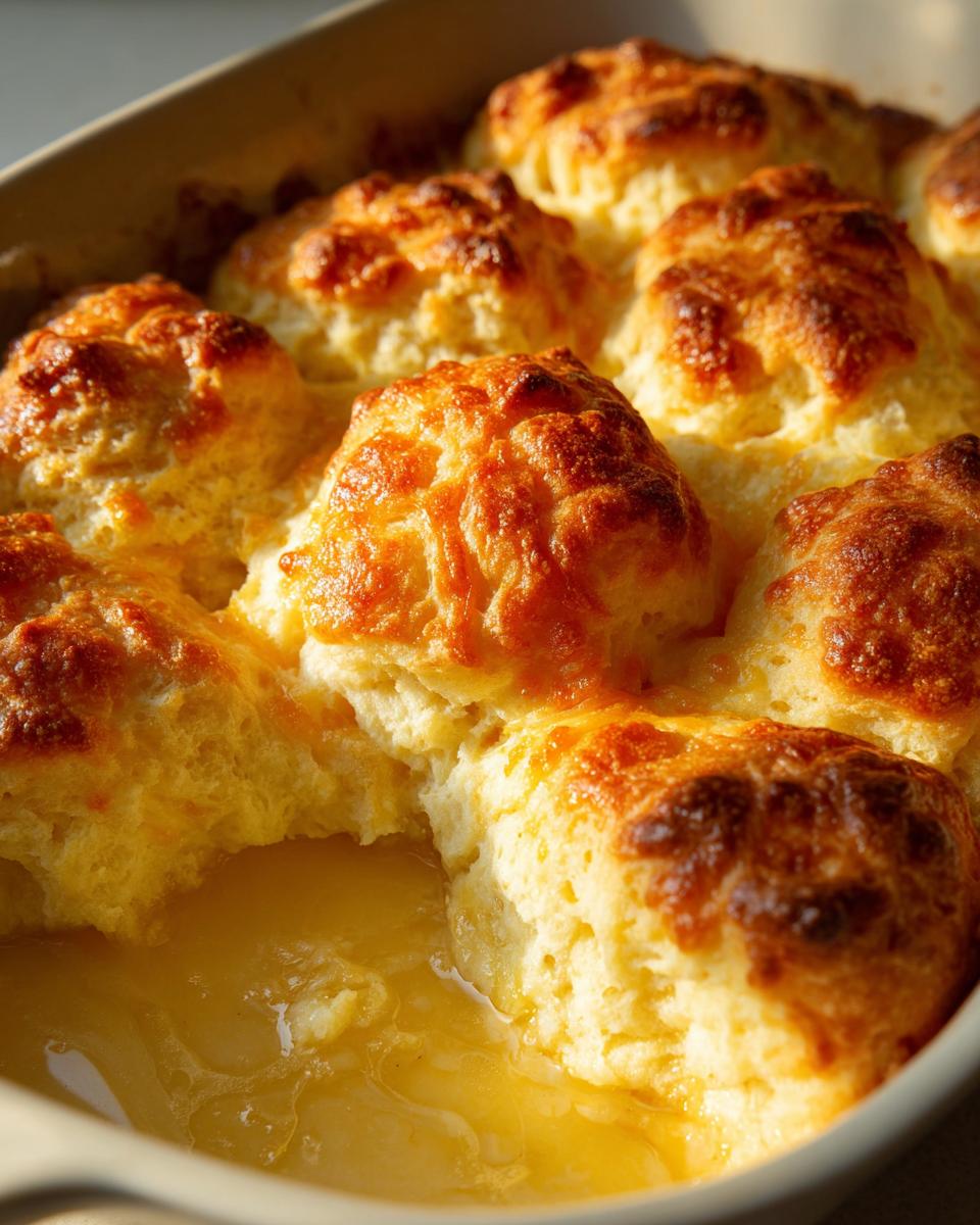 Close-up of golden brown butter swim biscuits baked together in a dish, soaking in melted butter.