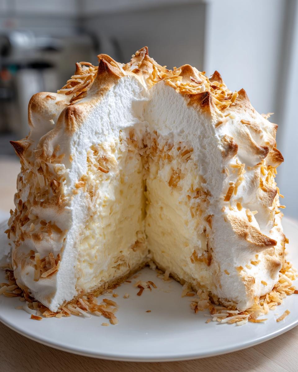 A dramatic cross-section view of a towering Homemade coconut cream pie topped with toasted meringue and shredded coconut.