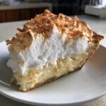 A perfect slice of homemade coconut cream pie featuring a thick layer of creamy filling, fluffy meringue, and toasted coconut flakes.