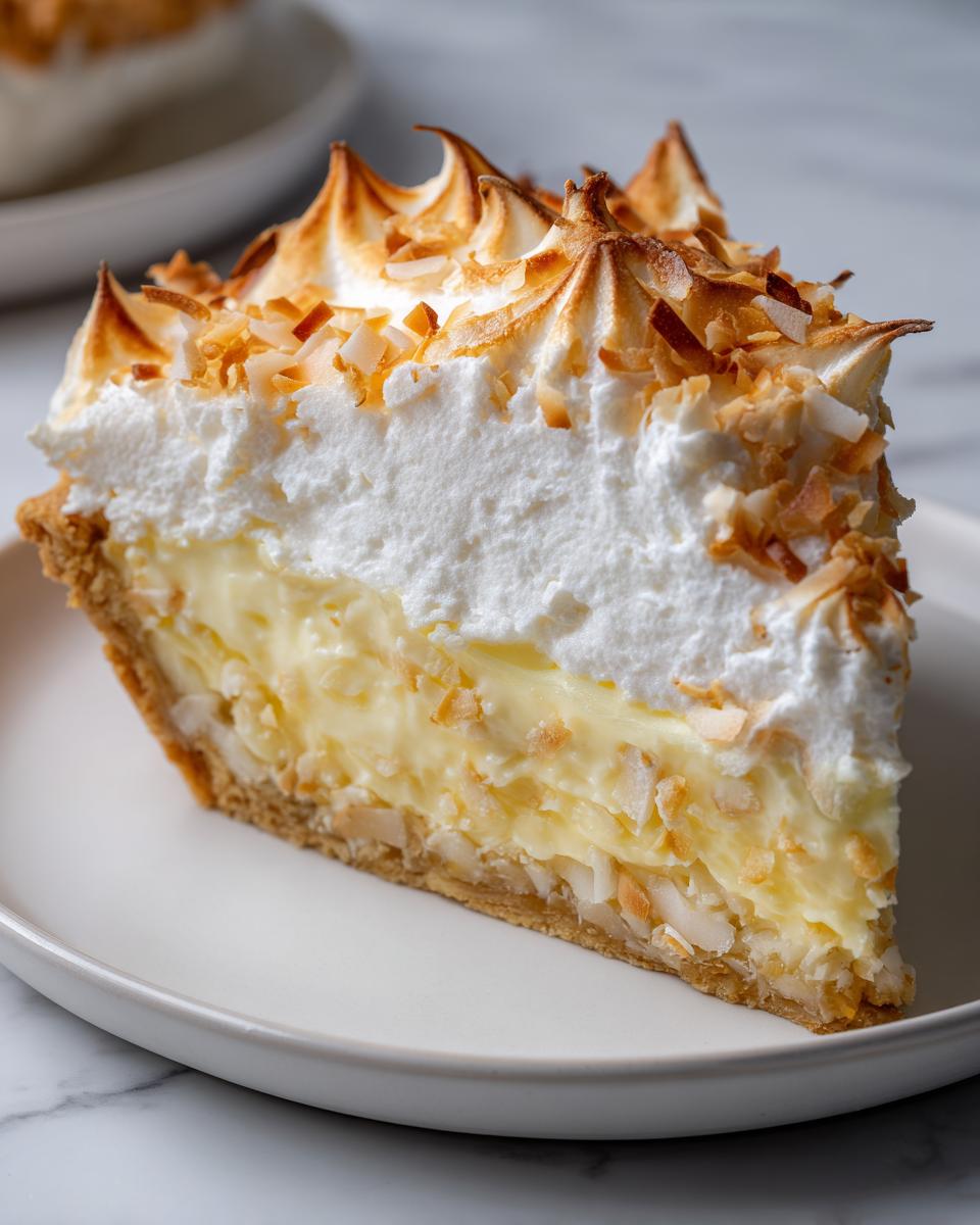 A perfect slice of homemade coconut cream pie showing layers of crust, creamy filling, and toasted meringue topping.