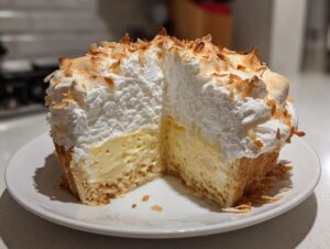 A thick slice of homemade coconut cream pie showing layers of crust, rich custard filling, and toasted meringue topping.