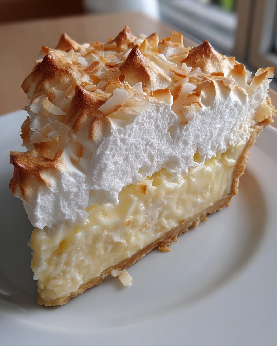 A perfect slice of homemade coconut cream pie featuring thick coconut custard, fluffy toasted meringue, and toasted coconut flakes.