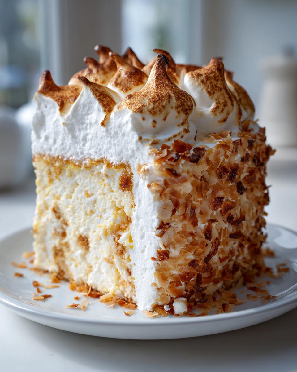 A tall slice of homemade coconut cream pie featuring a creamy filling, toasted coconut flakes on the side, and torched meringue peaks.