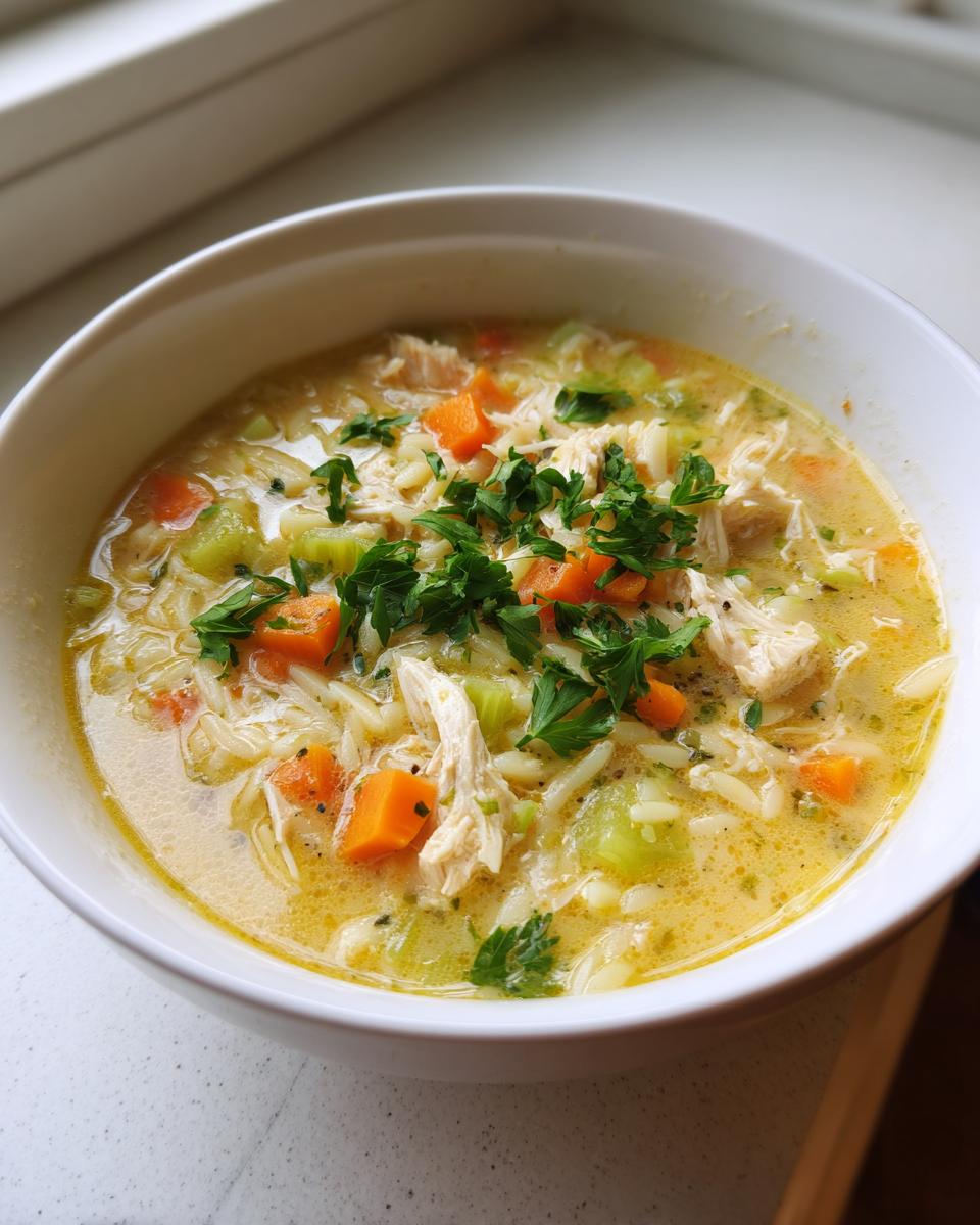 A close-up of a hearty bowl of Mediterranean lemon chicken soup, featuring shredded chicken, orzo pasta, carrots, celery, and fresh parsley garnish.