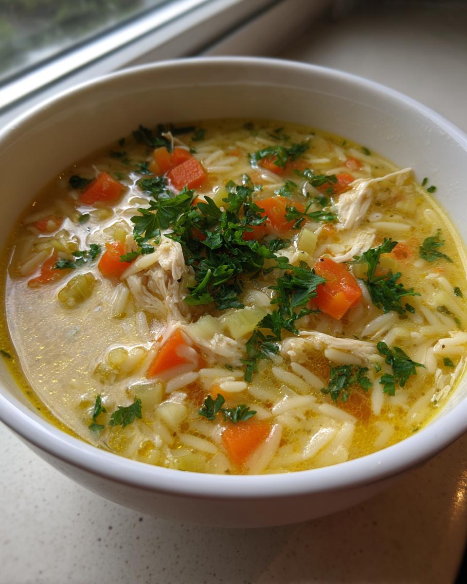 Close-up of a white bowl filled with Mediterranean lemon chicken soup, featuring shredded chicken, orzo pasta, carrots, and fresh parsley.