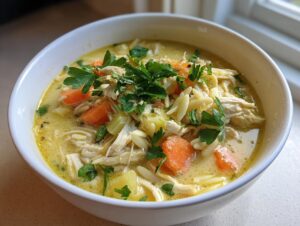 Close-up of a white bowl filled with Mediterranean lemon chicken soup, featuring shredded chicken, orzo pasta, carrots, and fresh parsley.