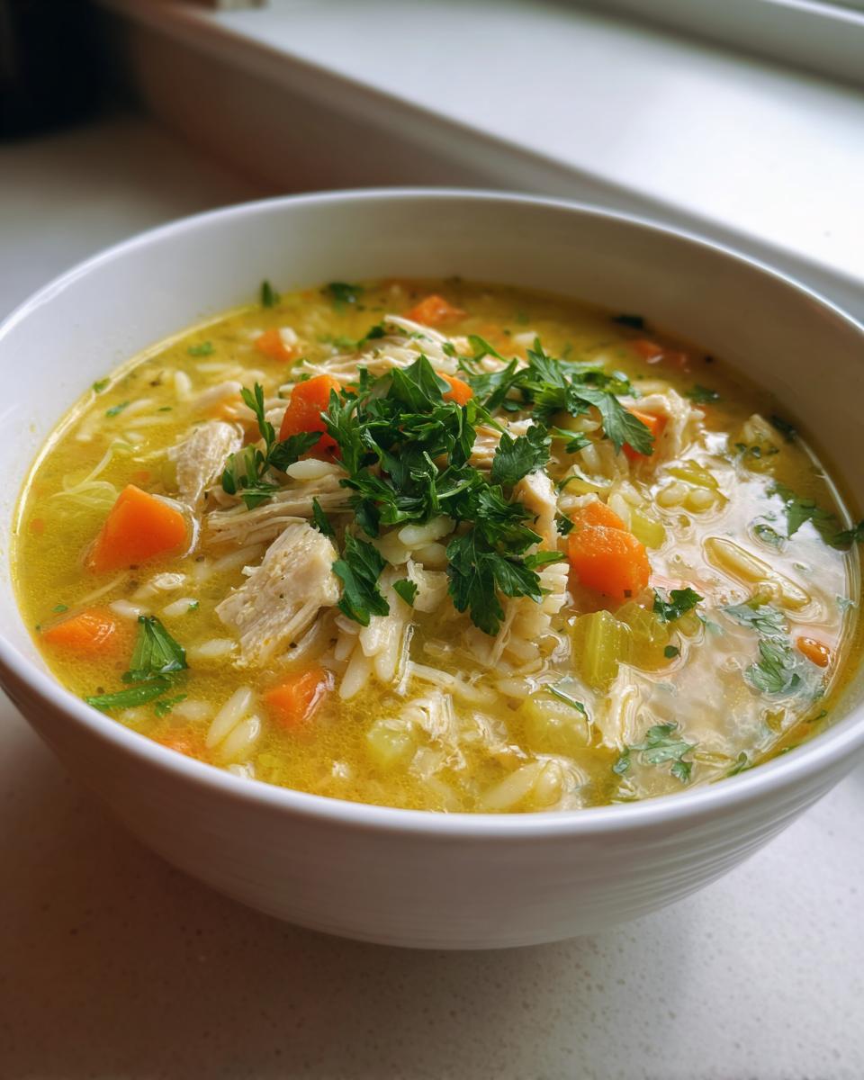 A close-up of a white bowl filled with Mediterranean lemon chicken soup, featuring shredded chicken, carrots, orzo, and fresh parsley garnish.