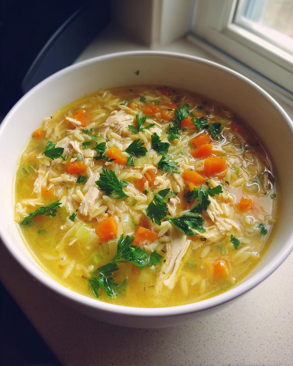 Close-up of a white bowl filled with bright yellow Mediterranean lemon chicken soup, featuring shredded chicken, orzo pasta, carrots, and fresh parsley.
