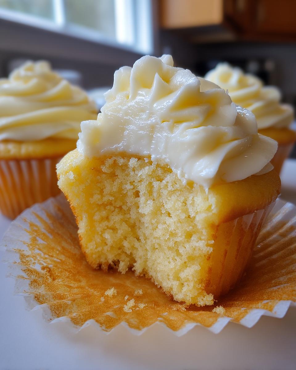 Close-up of a yellow Military spouse appreciation cupcake with a bite taken out, showing the moist crumb and white frosting.