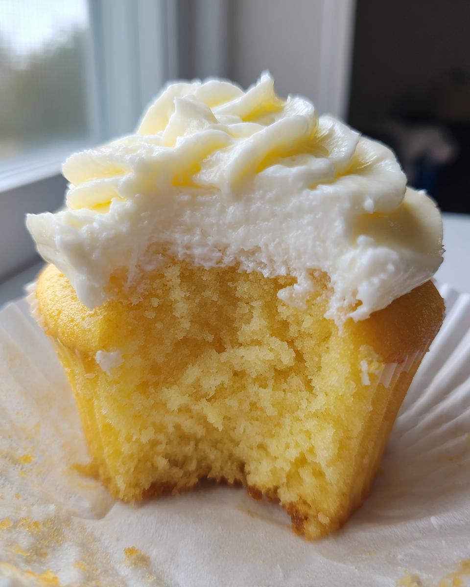 Close-up of a yellow Military spouse appreciation cupcake with a bite taken out, topped with thick white frosting.