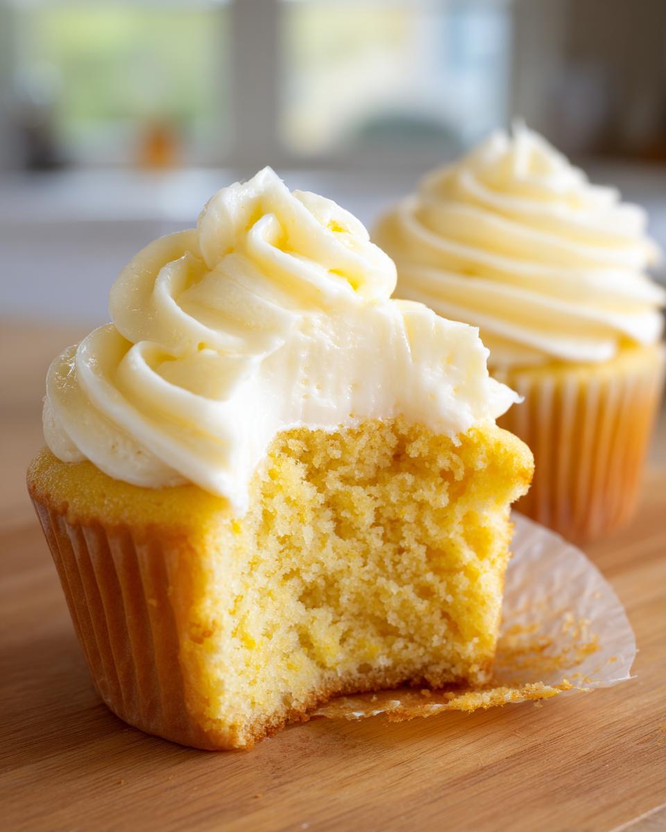 Close-up of a Military spouse appreciation cupcake with a bite taken out, showing moist yellow cake and thick vanilla buttercream frosting.