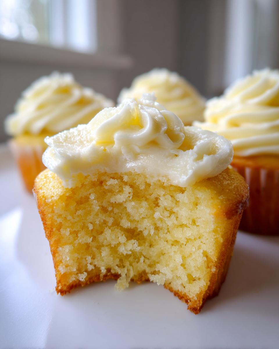 Close-up of a Military spouse appreciation cupcake with a bite taken out, showing the moist yellow cake and thick vanilla frosting.